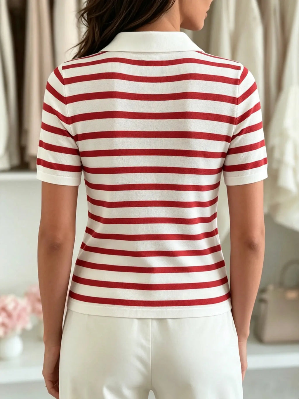 Women's Striped Short Sleeve Polo Shirt, V-Neck Lightweight Fall Layering Top, Elegant Slim-Fitting H Type, All Seasons Clothing