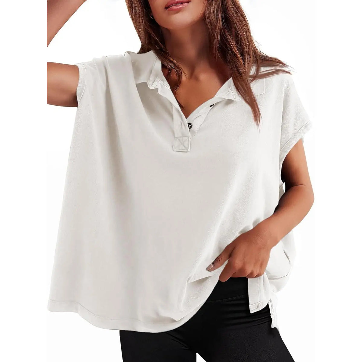 Imily Bela Womens Oversized Cap Sleeve Polo Shirts Summer Casual V Neck Tops Loose Fit Collared Cotton Tee Shirts