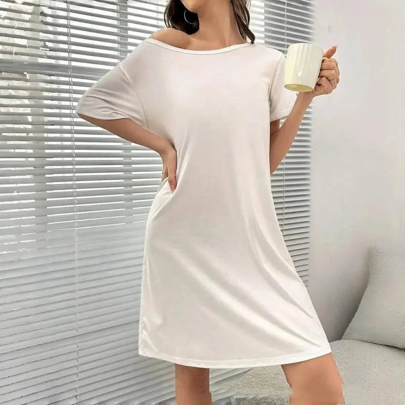 Women's Casual Basic Oversize Plain Short-Sleeve Milk Silk Mid-Thigh Nightdress - Soft, Lightweight, Breathable Polyester, Loose-Fit Multi-Size Loungewear, Spring Summer Sleep-Friendly Homewear (Up to 2XL)