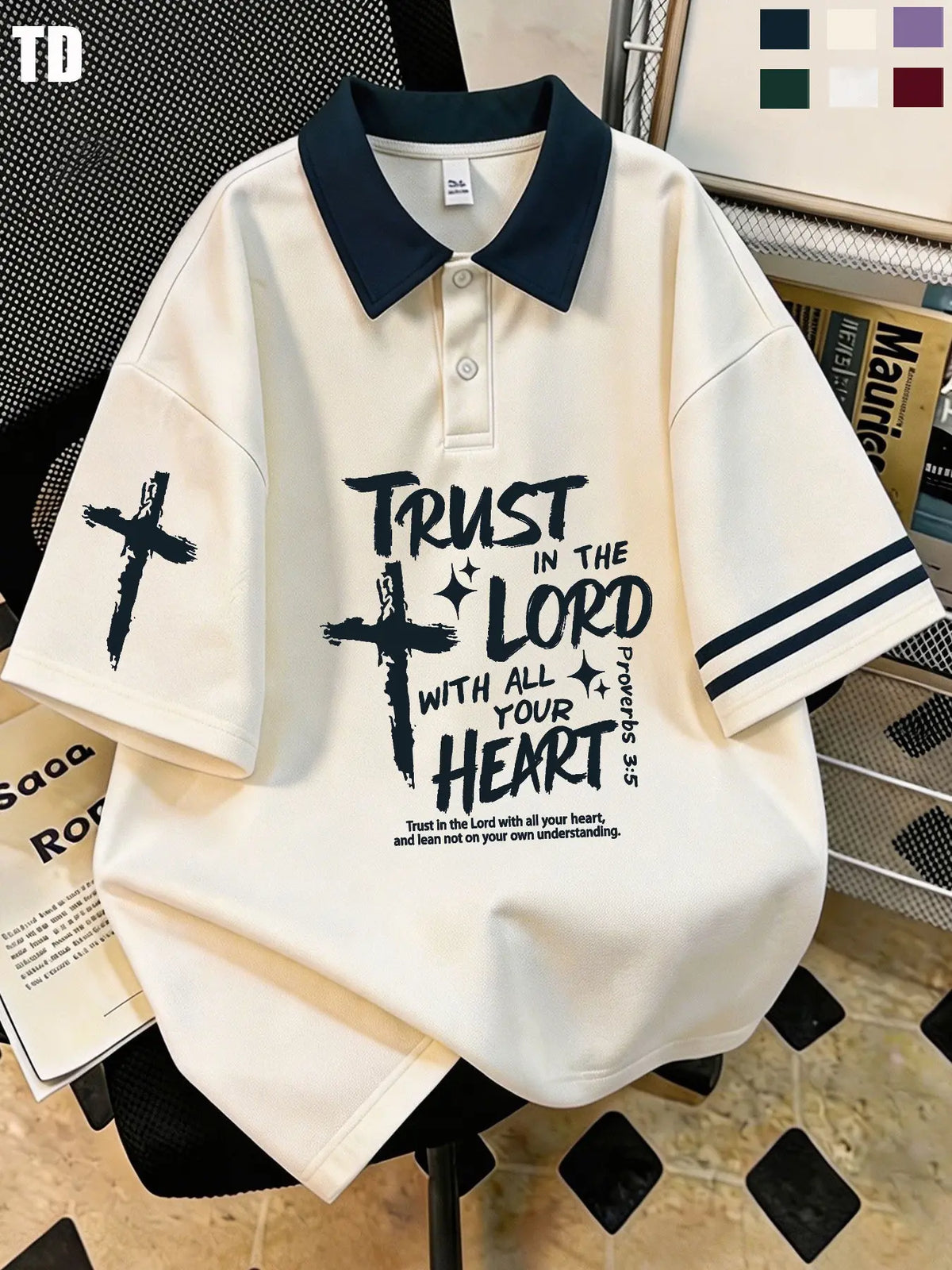 Td Rough Brush Bold Inspirational Polo Shirts, Unisex Cross Symbol Graphic, Fitted Patchwork Blouse, Streetwear for Men Women