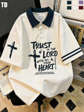 Td Rough Brush Bold Inspirational Polo Shirts, Unisex Cross Symbol Graphic, Fitted Patchwork Blouse, Streetwear for Men Women