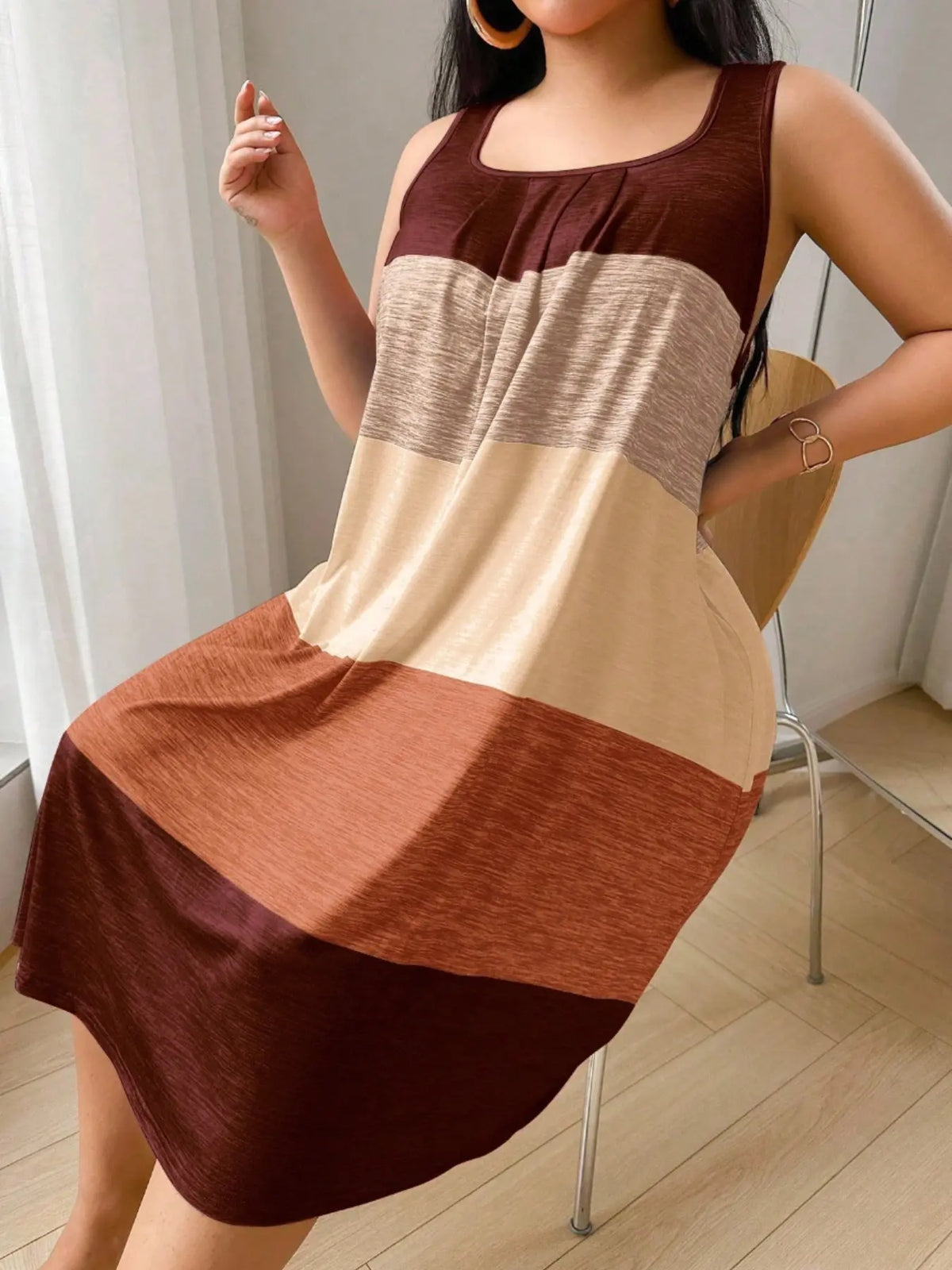 Women's Plus Size Soft Skin-Friendly Patchwork Colorblock Vest Dress, Comfortable Spring Summer Sleepwear, Casual Wearable Long Sleeve, Casual Comfy Nightdress, Lounge Dresses, Soft Sleepwear Loungewear, Loungewear House Dress