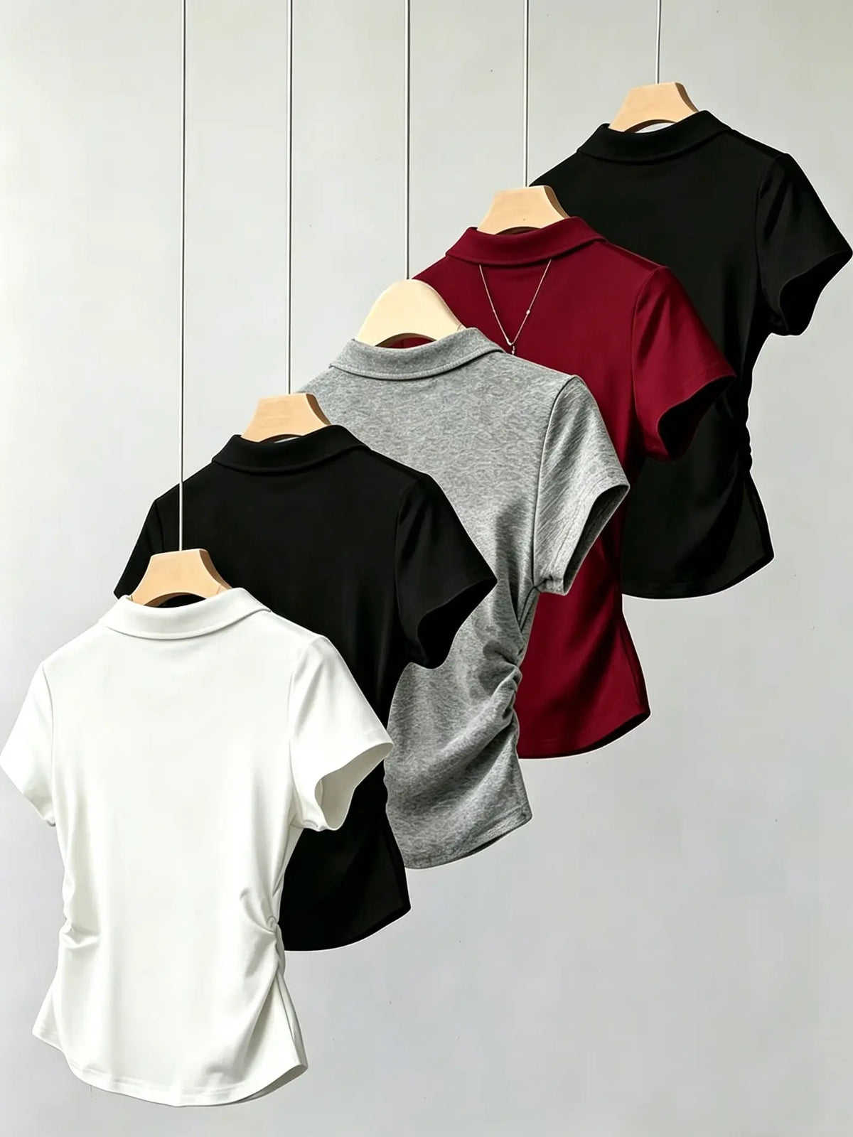 Five-Piece Collared V-Neck Waist-Cropped Short Sleeve Basic Minimalist T-Shirts for Women, Side Pleat Slim Fit Polo Shirts, Office Wear, Casual, 5 Colors