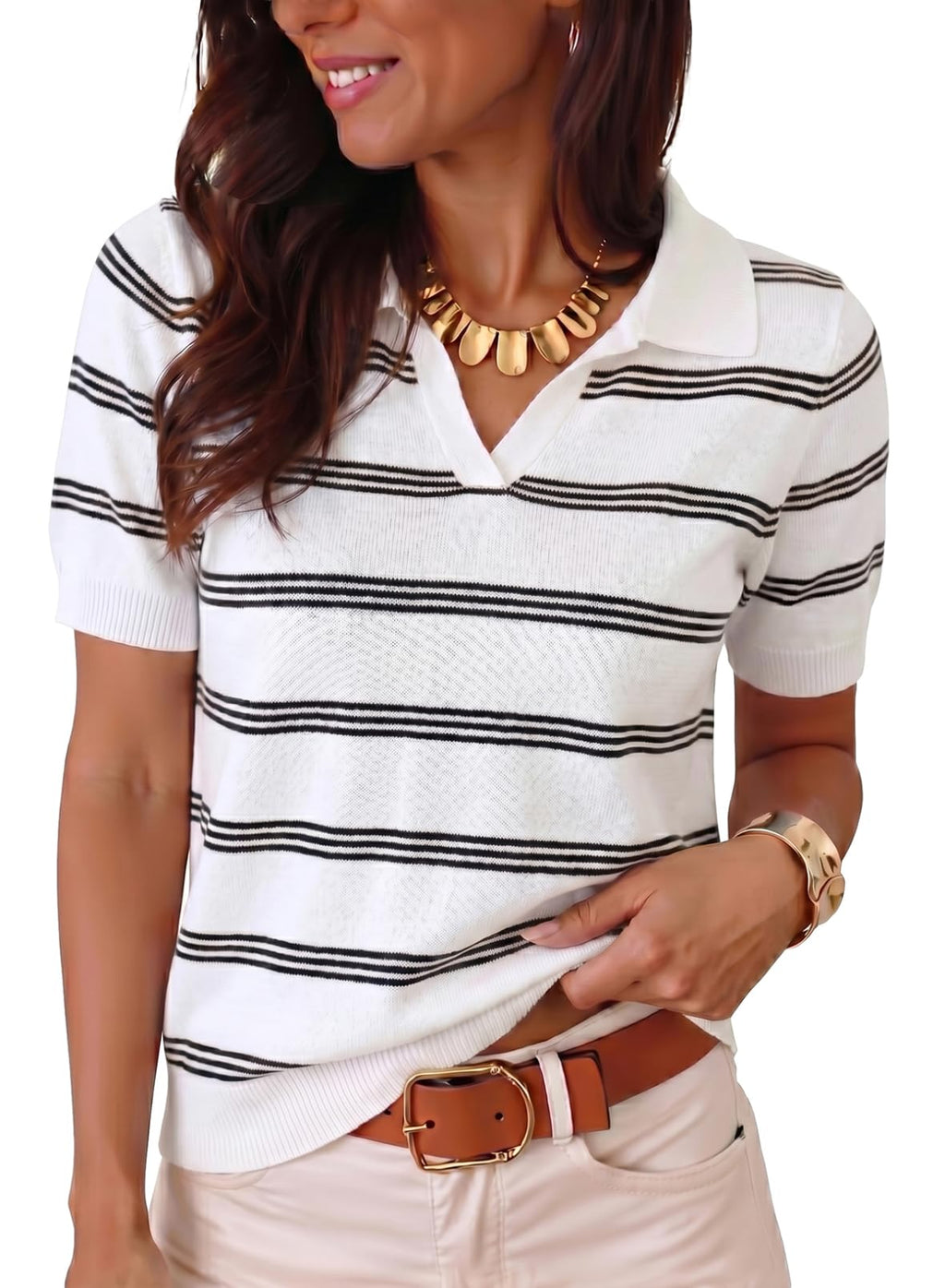 Dokotoo Women Short Sleeve Sweater V Neck Knit Tops Business Casual Collared Work Shirt