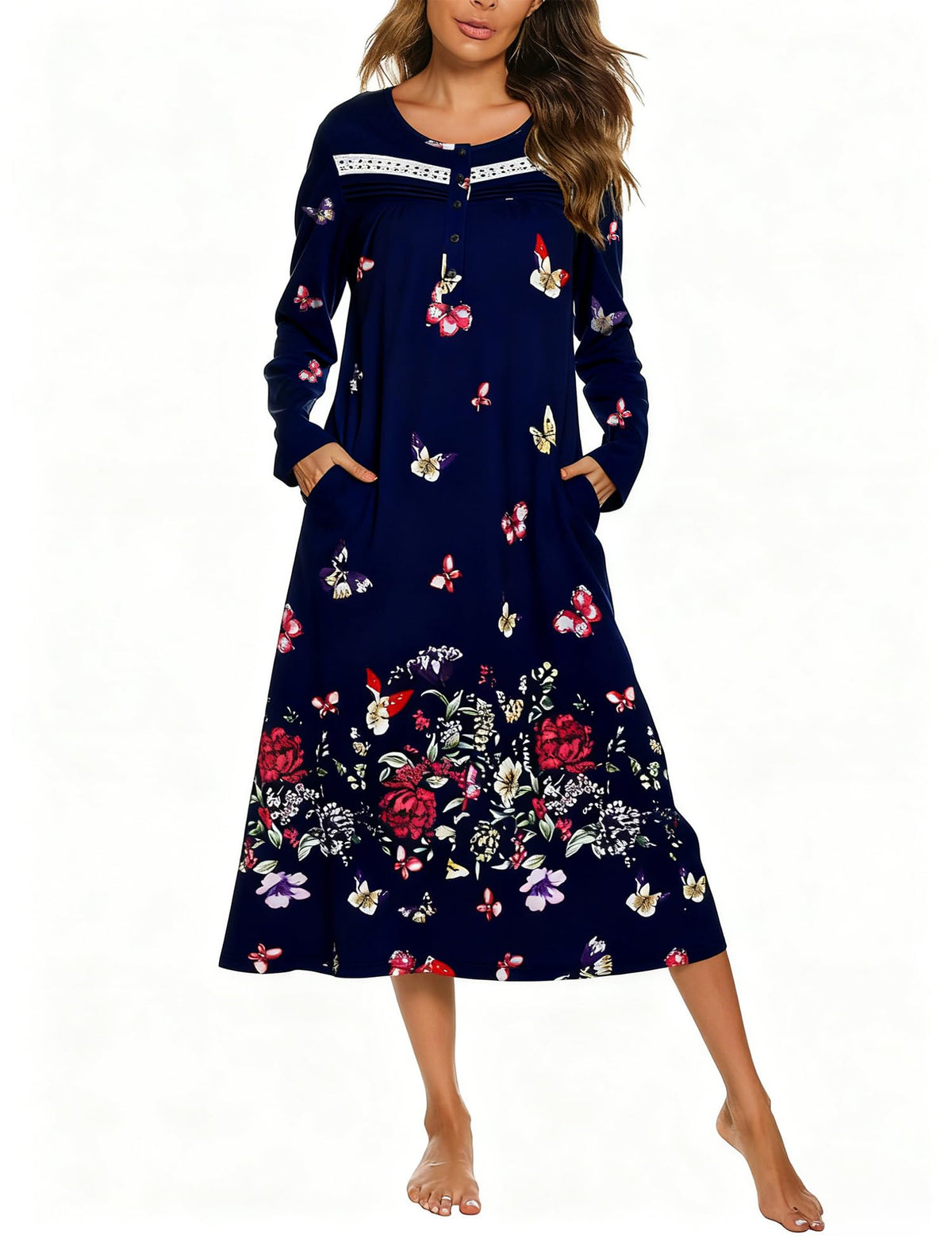 YOZLY Nightgowns for Women Soft Cotton Long Sleeve Night Gwon with Pockets