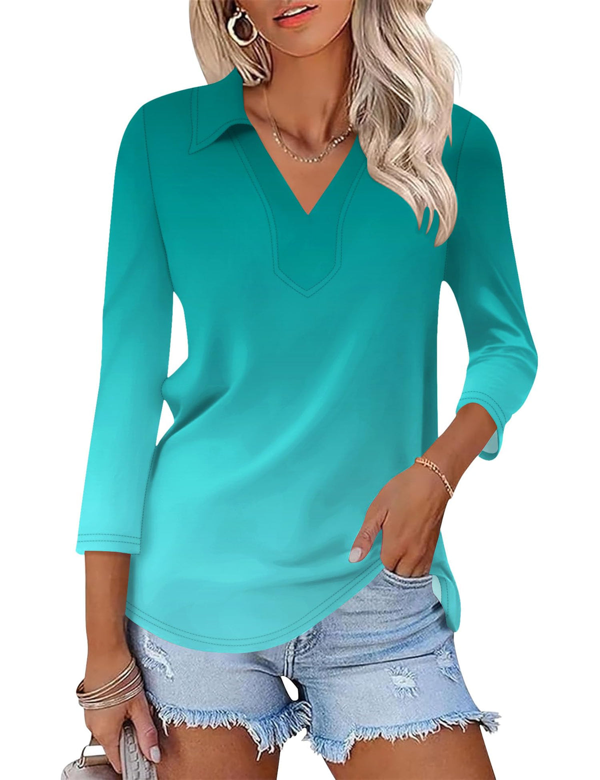 LOMON 3/4 Sleeve Womens Tops Summer Collared Polo Shirts V Neck Polos Tees