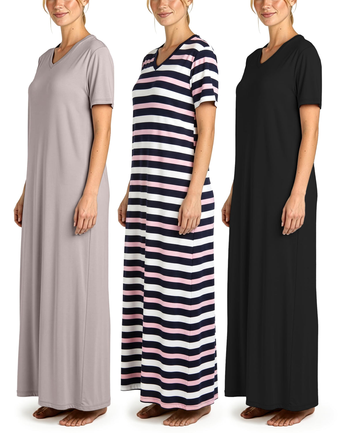 3 Pack Women's Maxi Long Nightgowns Short Sleeve Night Shirt PJ Sleep Dress