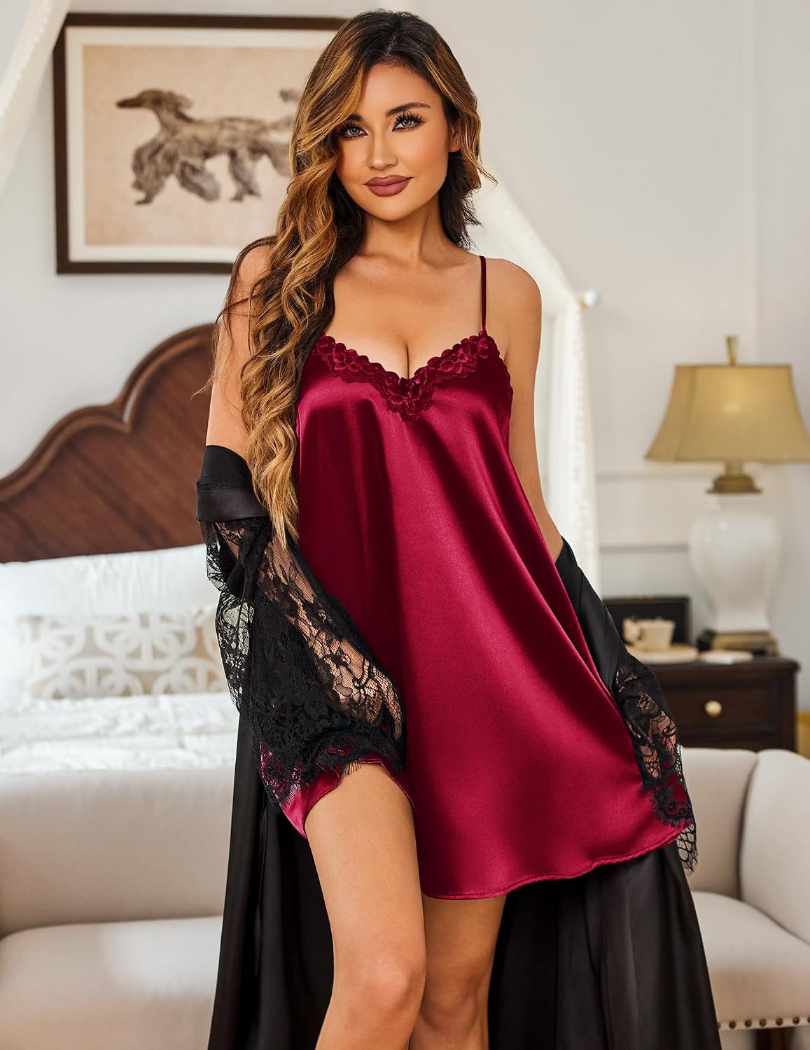 Ekouaer Satin Nightgowns for Women Lace Silk Satin Lingerie Dress