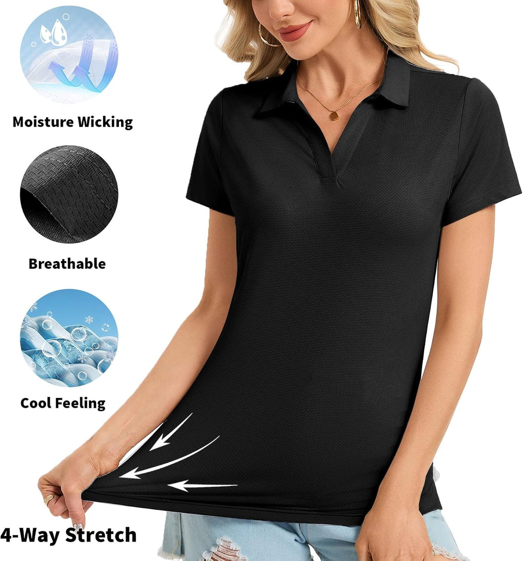 Womens Polo Shirts Short Sleeve V Neck Business Casual Work Tops Quick Dry UPF 50+ Sun Protection Golf Shirt Fitted Collared