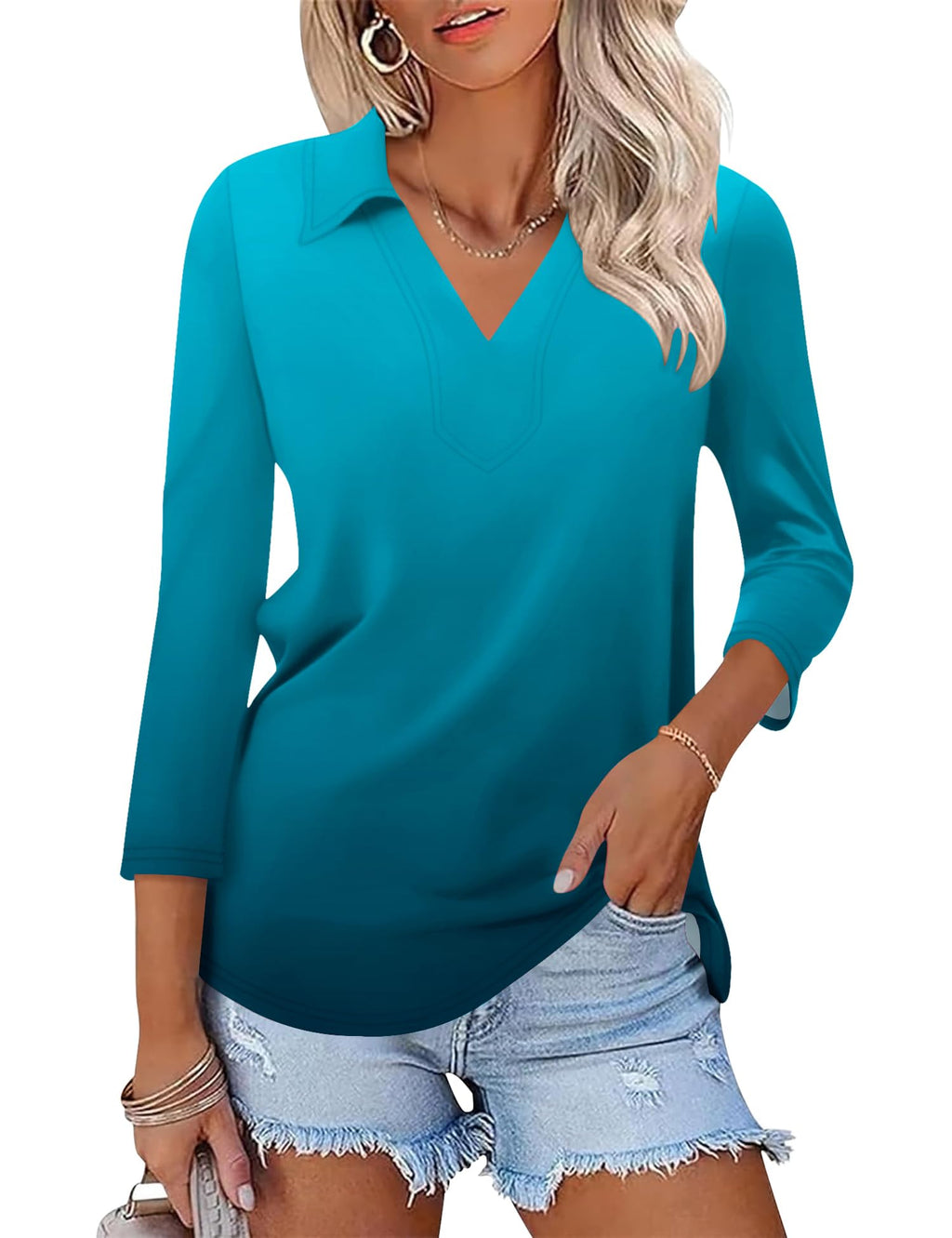 LOMON 3/4 Sleeve Womens Tops Summer Collared Polo Shirts V Neck Polos Tees