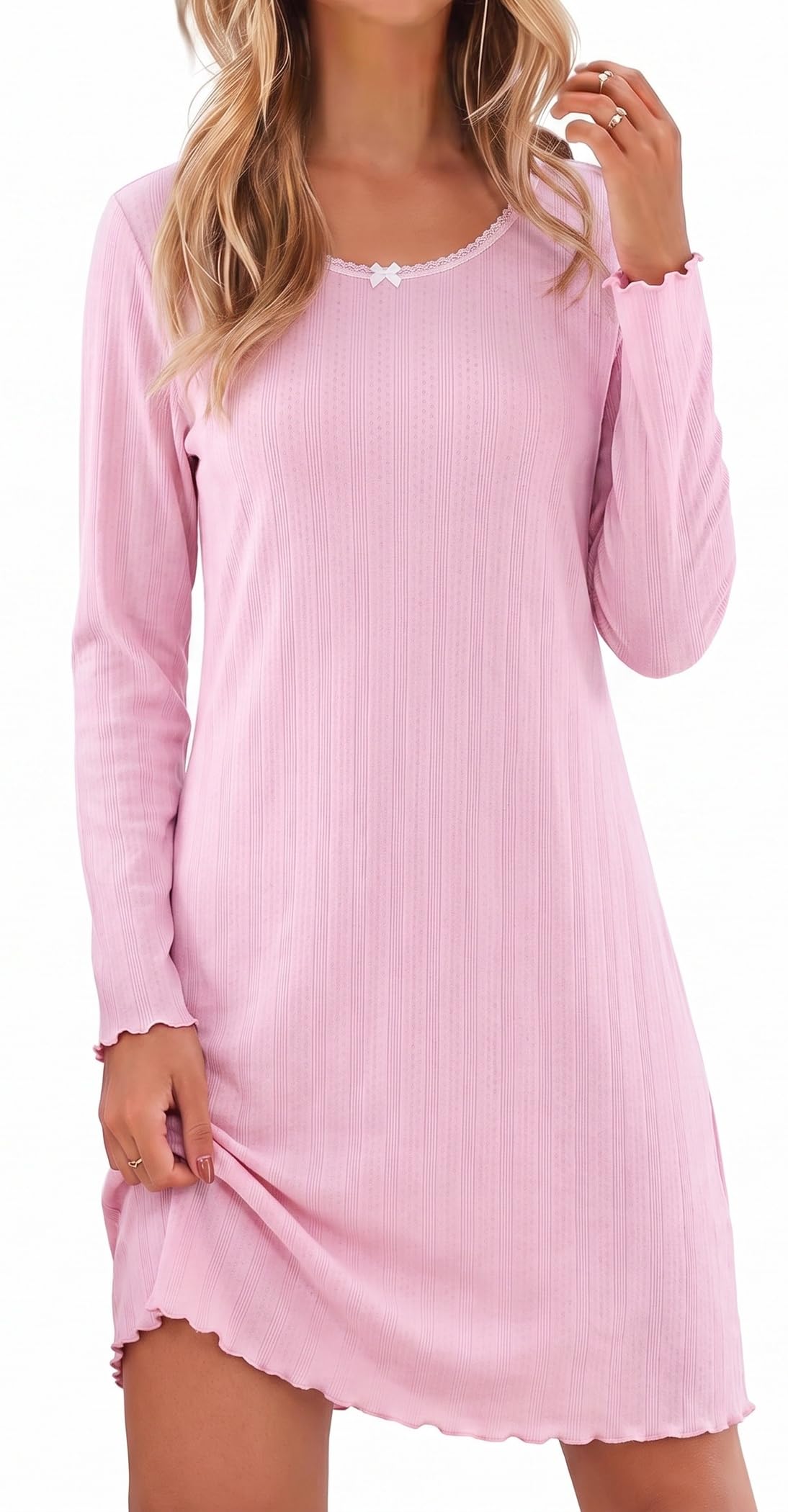 Ekouaer Women's Long Sleeve Nightgown Soft Ribbed Sleep Dress Night Shirt