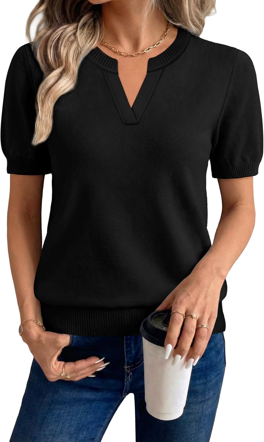 WIHOLL Short Sleeve Sweater Tops 2026 Spring Summer Trendy Knit Business Casual Essential V Neck Sweaters