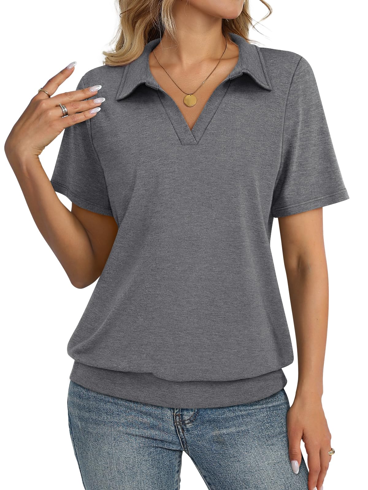 TICTICMISS Womens Polo Shirts Short Sleeve Banded Bottom Tops Business