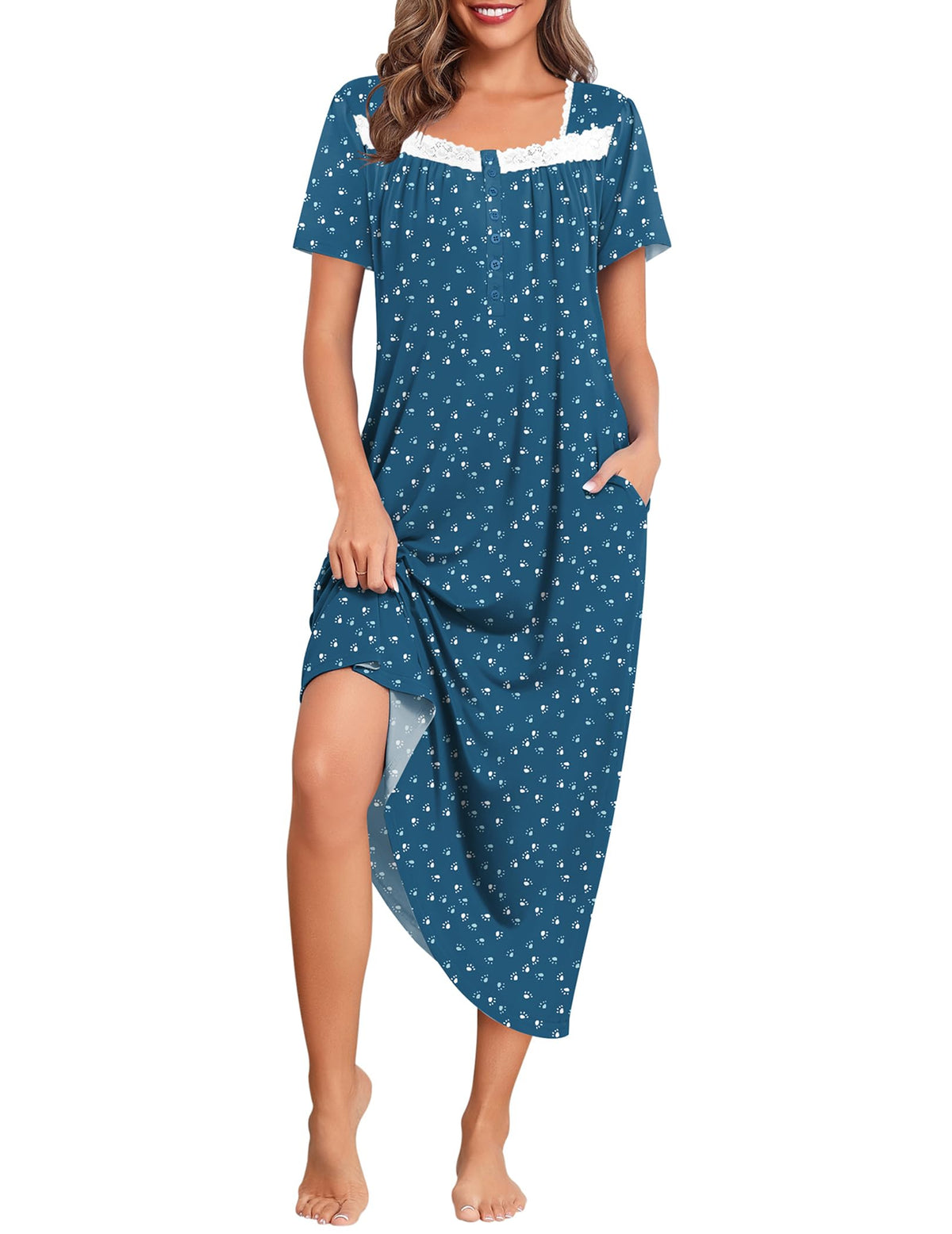 Ekouaer Long Nightgowns for Women Short Sleeve House Dress with Pockets