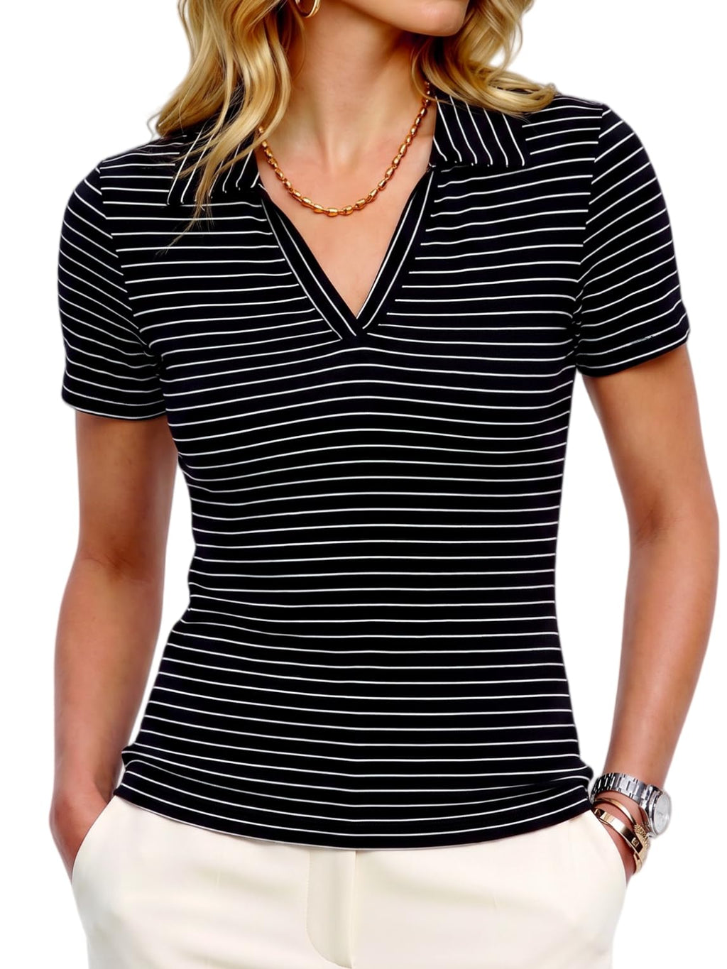 Meetrendi Womens Short Sleeve Work Shirt Summer V Neck Fitted Business Polo