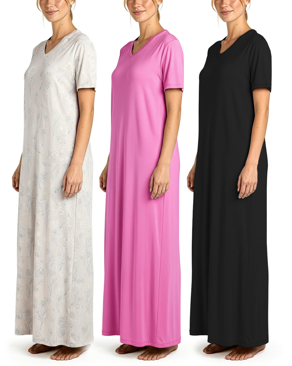3 Pack Women's Maxi Long Nightgowns Short Sleeve Night Shirt PJ Sleep Dress