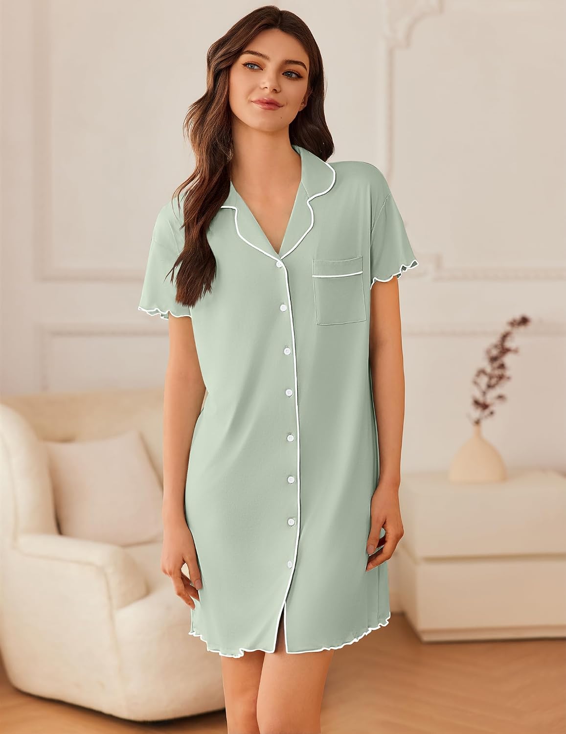 Ekouaer Nightgowns for Women Button Down Sleep Shirt Short Sleeve Sleepwear