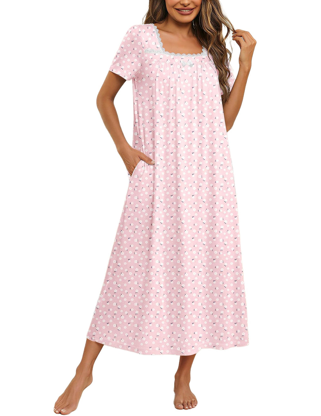 Ekouaer Cotton Long Nightgowns for Women Vintage House Dress with Pockets