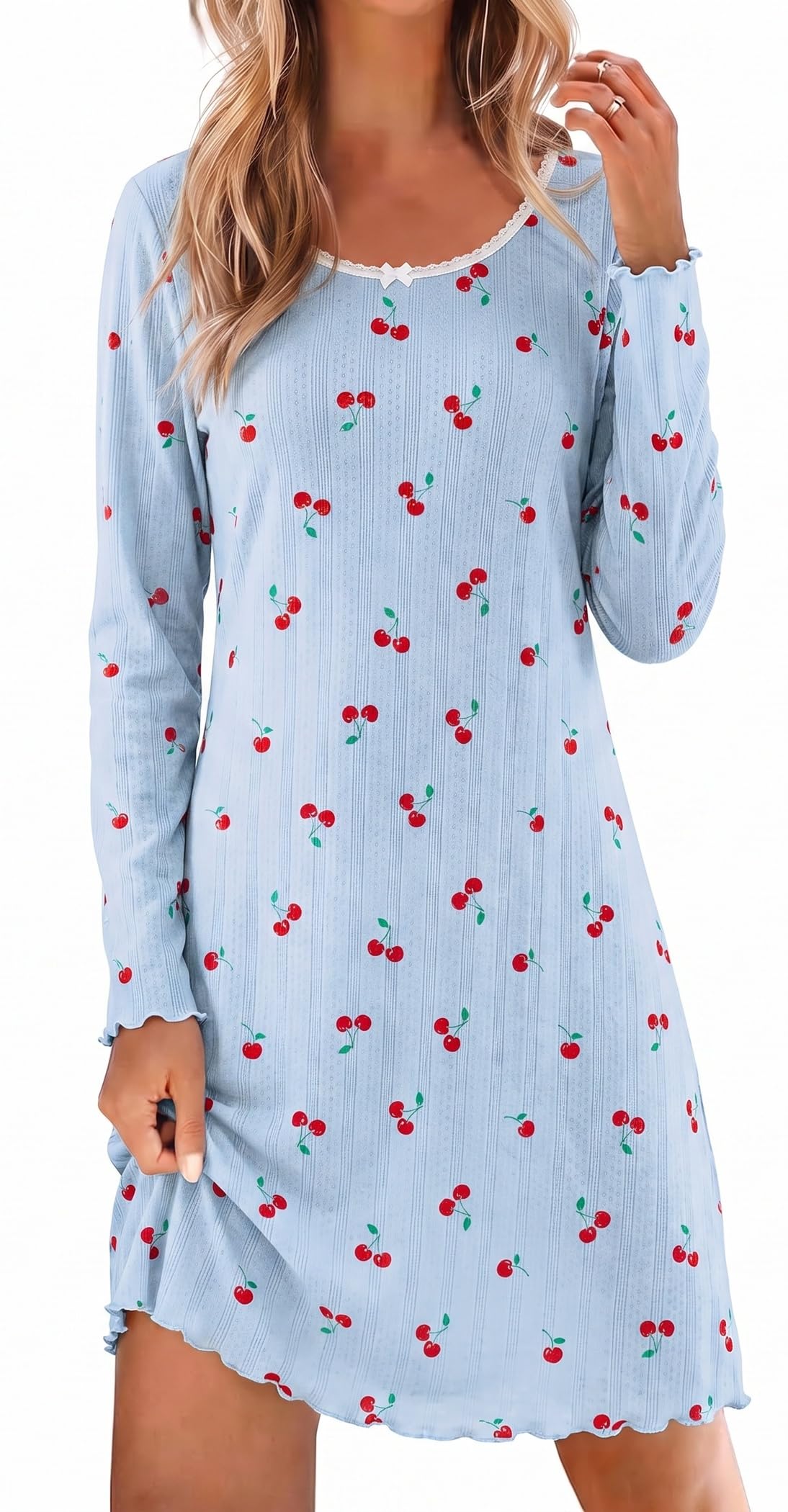 Ekouaer Women's Long Sleeve Nightgown Soft Ribbed Sleep Dress Night Shirt