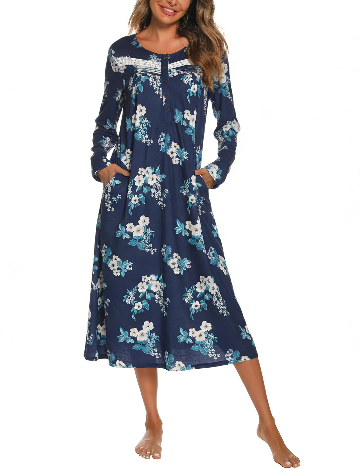 YOZLY Nightgowns for Women Soft Cotton Long Sleeve Night Gwon with Pockets