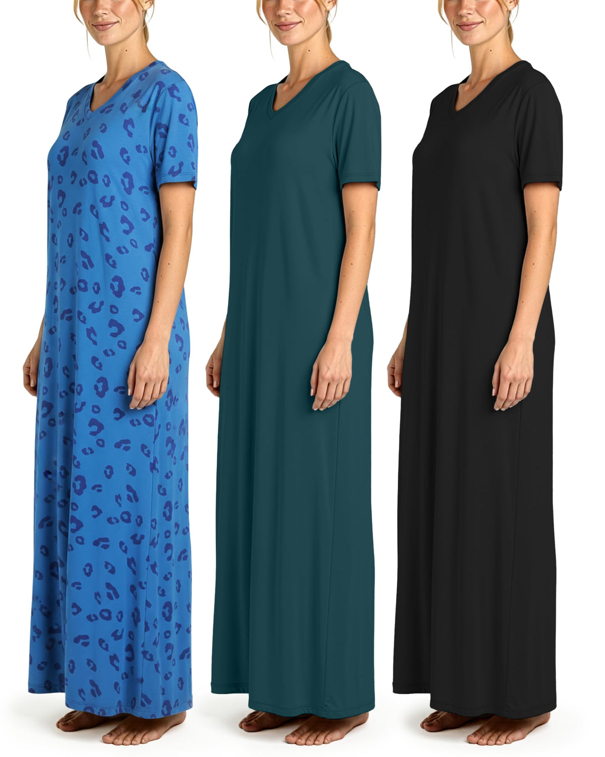 3 Pack Women's Maxi Long Nightgowns Short Sleeve Night Shirt PJ Sleep Dress