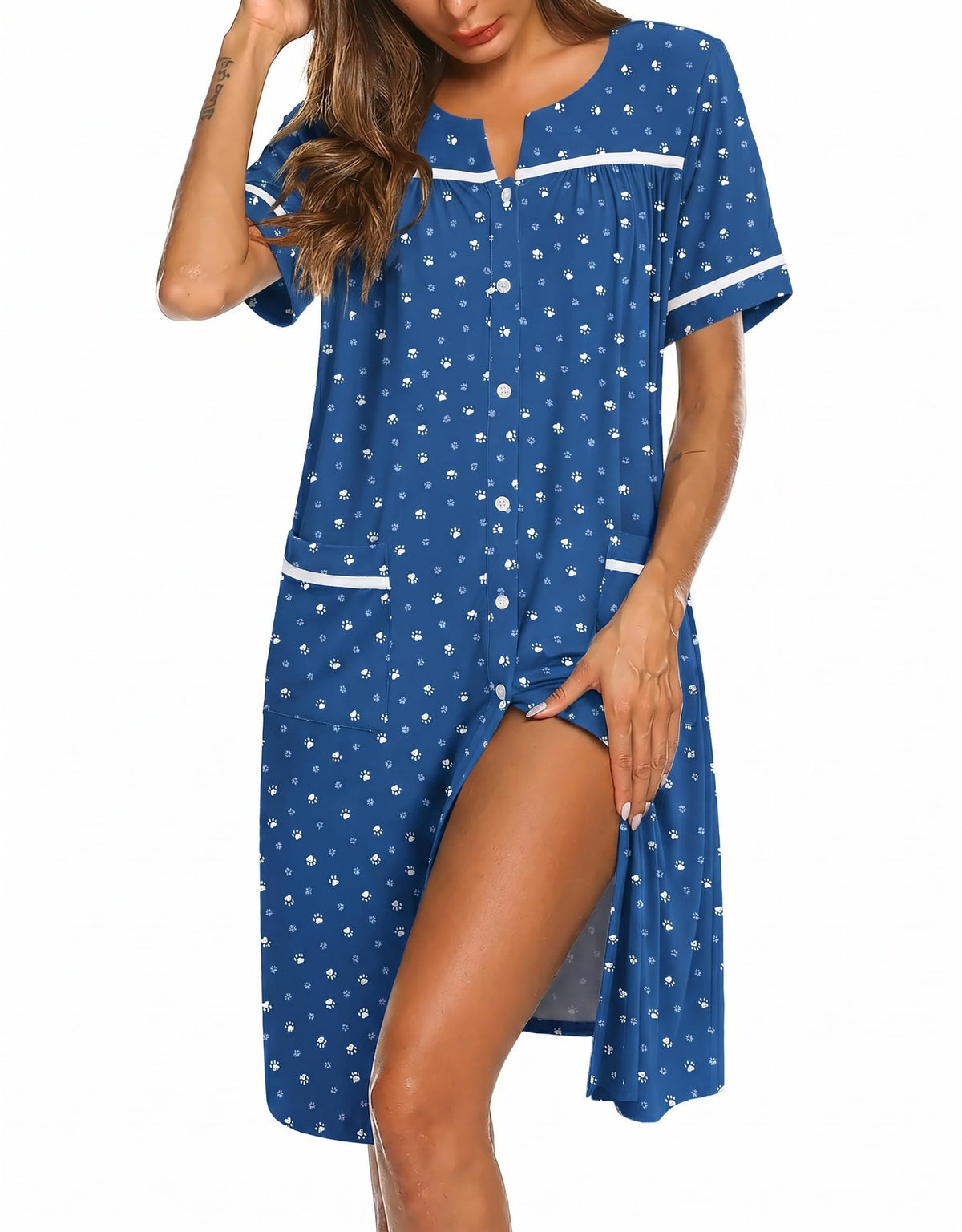 Ekouaer Nightgowns for Women House Dress with Pockets Button Down Sleepshirt Short Sleeve Nightshirt Housecoat