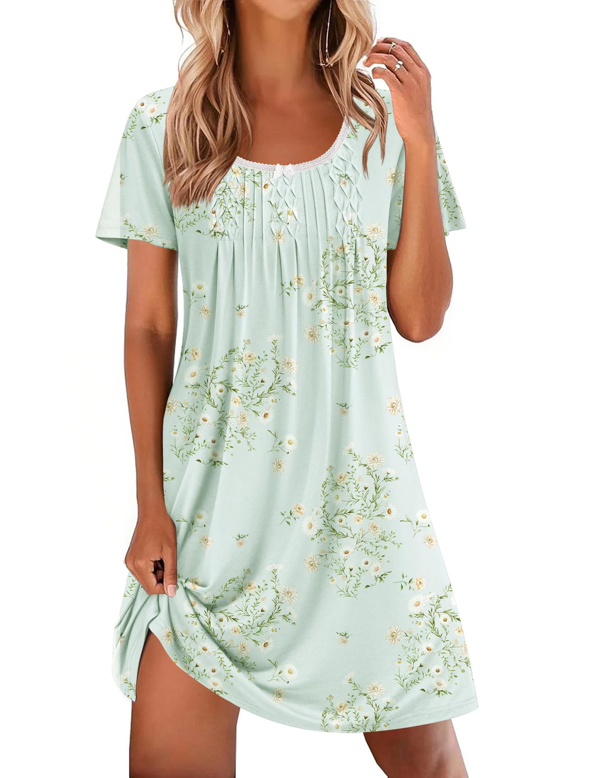 Ekouaer Nightgowns for Women Pleated Sleep Shirts Short Sleeve Night Shirts