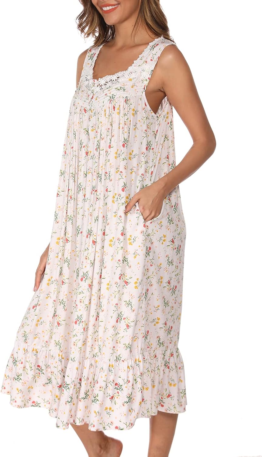 AVIIER Cotton Nightgowns for Women Sleeveless House Dress Ladies Long Nightdress with Pockets S-XXL