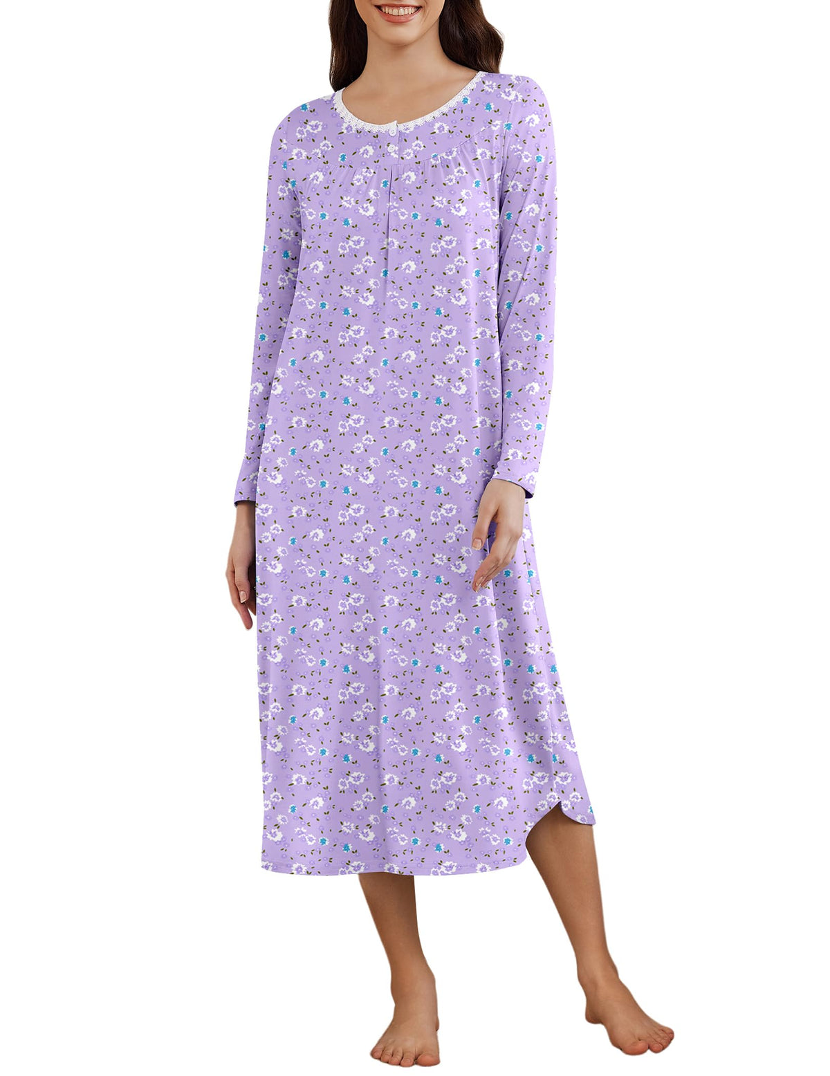 Ekouaer Womens Long Sleeve Nightgowns Long Sleepshirts Henley Sleep Dress