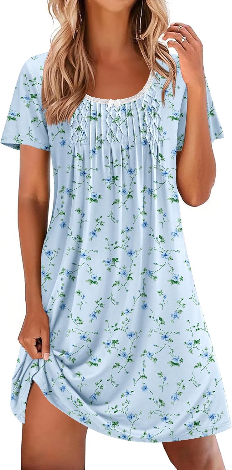 Ekouaer Nightgowns for Women Pleated Sleep Shirts Short Sleeve Night Shirts
