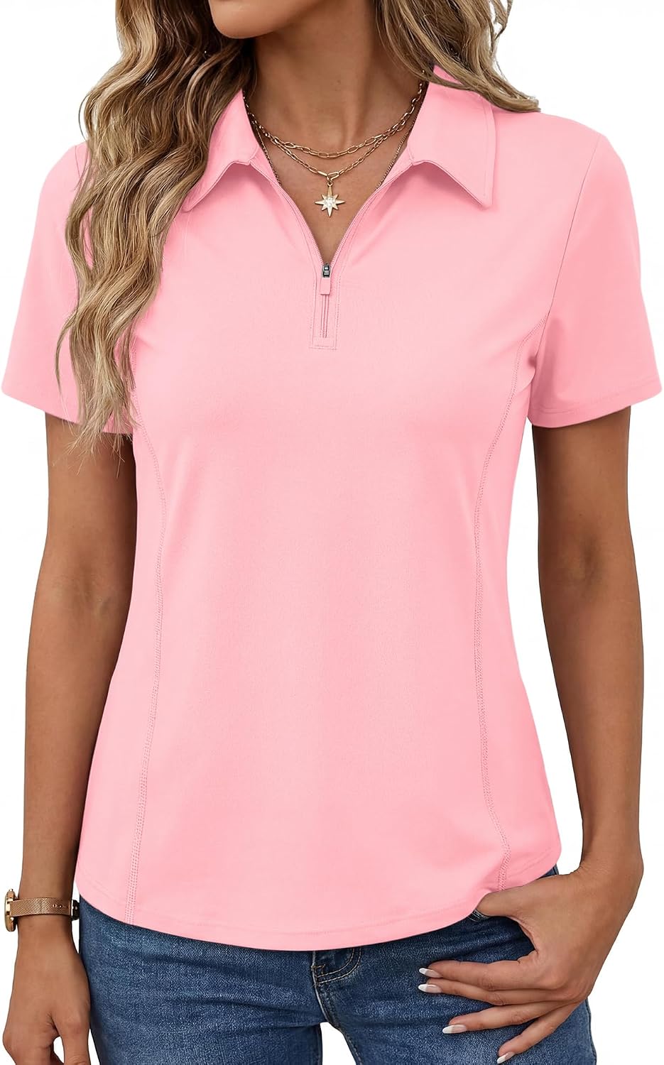 LOMON Women’s Short Sleeve Athletic Polo Shirt High Performance Stretch Quarter Zip Top for Golf Tennis