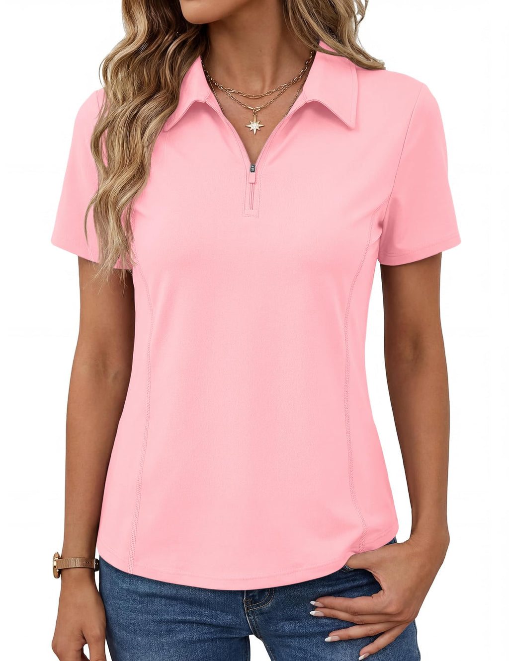 LOMON Women’s Short Sleeve Athletic Polo Shirt High Performance Stretch Quarter Zip Top for Golf Tennis