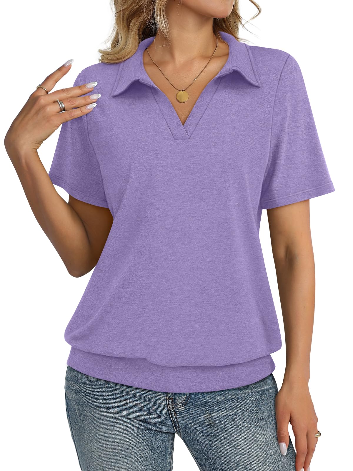 TICTICMISS Womens Polo Shirts Short Sleeve Banded Bottom Tops Business