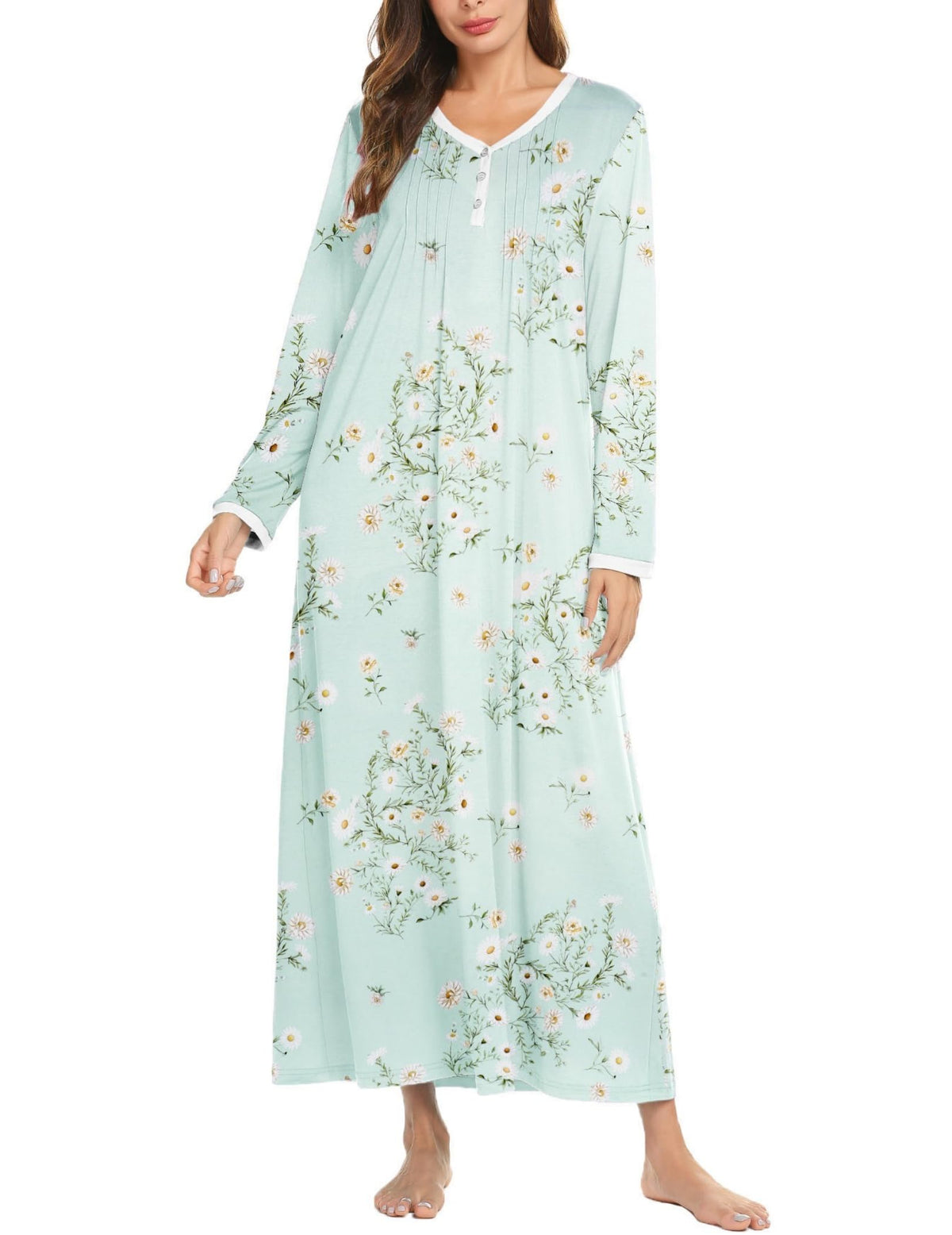 Ekouaer Women's Long Sleeve Nightgown Full Length Sleepwear Long Sleepshirts Henley Sleep Dress