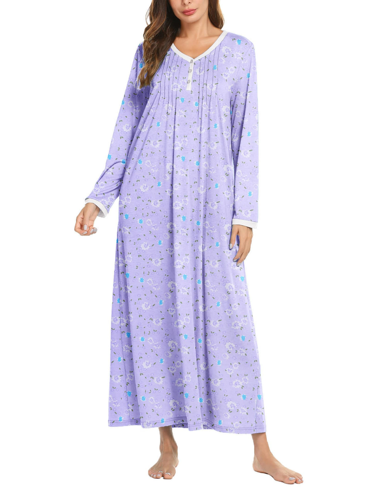 Ekouaer Women's Long Sleeve Nightgown Full Length Sleepwear Long Sleepshirts Henley Sleep Dress