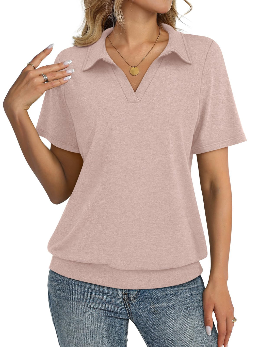 TICTICMISS Womens Polo Shirts Short Sleeve Banded Bottom Tops Business