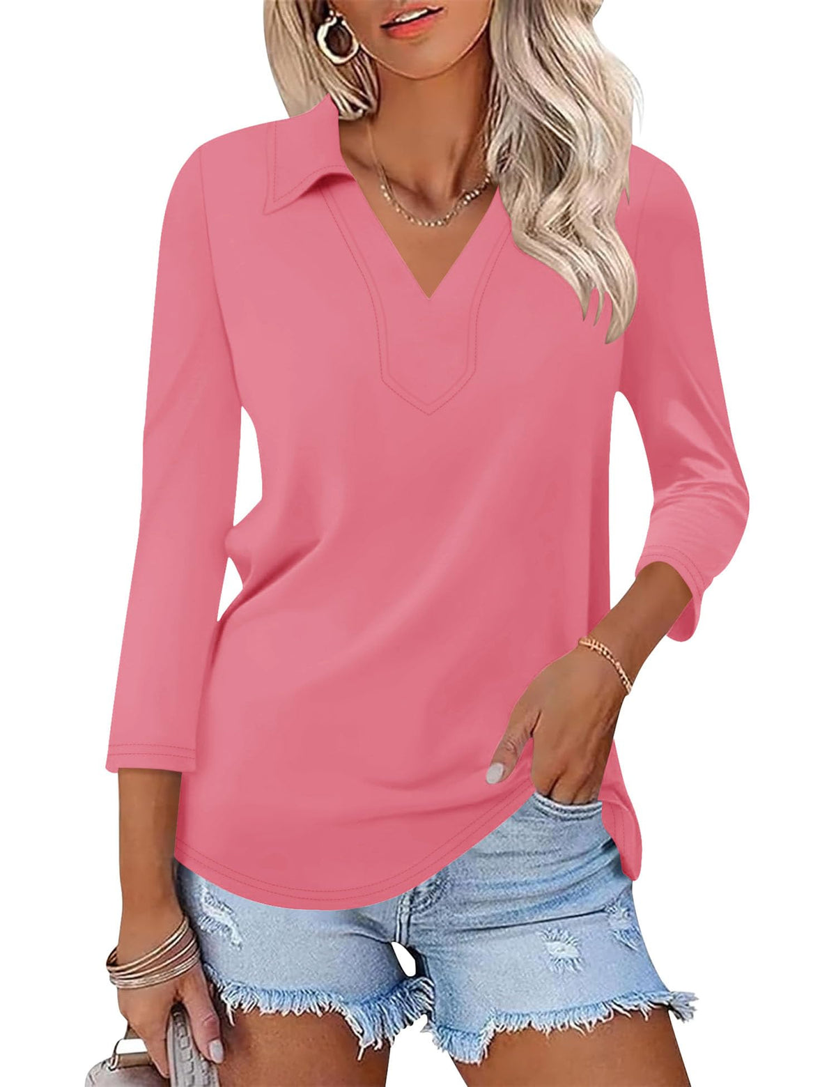 LOMON 3/4 Sleeve Womens Tops Summer Collared Polo Shirts V Neck Polos Tees