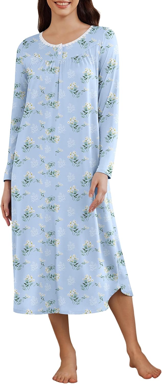 Ekouaer Womens Long Sleeve Nightgowns Long Sleepshirts Henley Sleep Dress