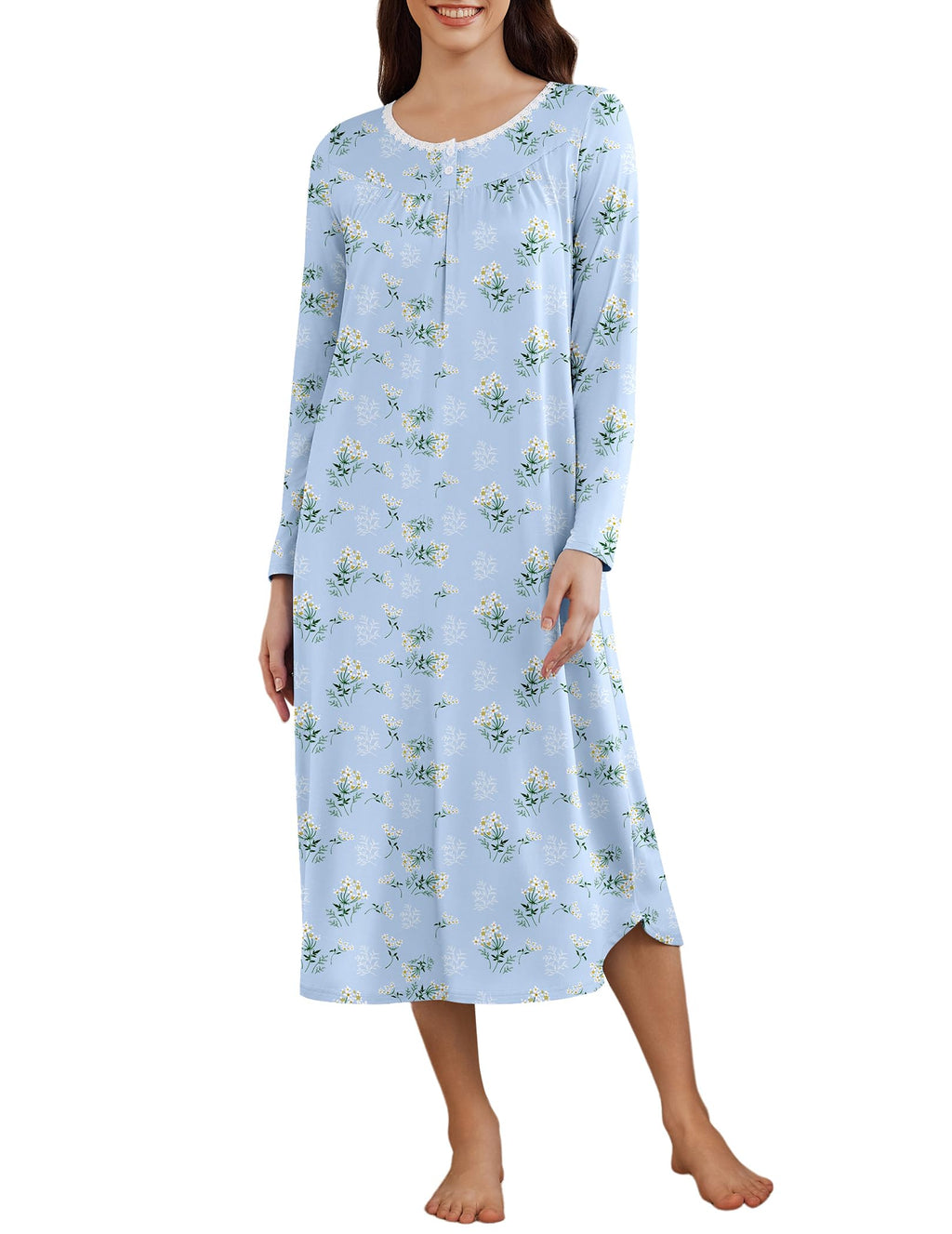Ekouaer Womens Long Sleeve Nightgowns Long Sleepshirts Henley Sleep Dress