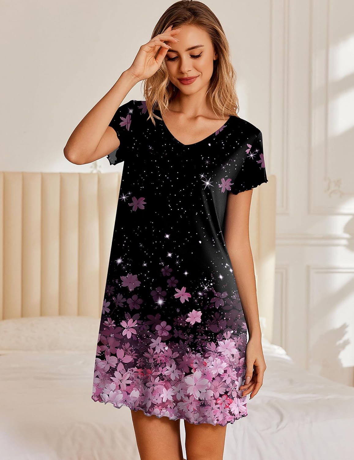 Ekouaer Womens Nightgown Short Sleeve Night Gowns Soft Ruffled Sleep Shirt