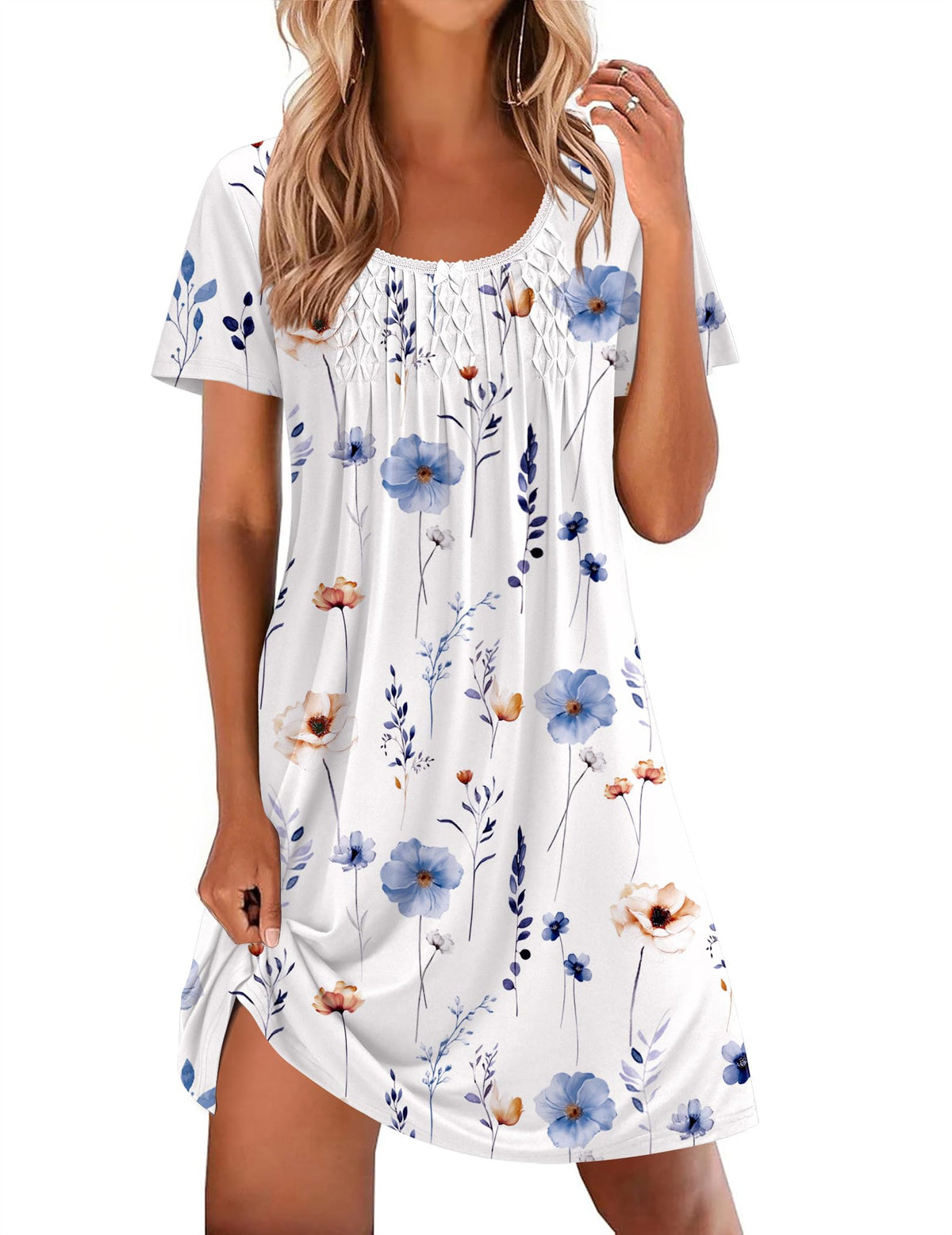 Ekouaer Nightgowns for Women Pleated Sleep Shirts Short Sleeve Night Shirts