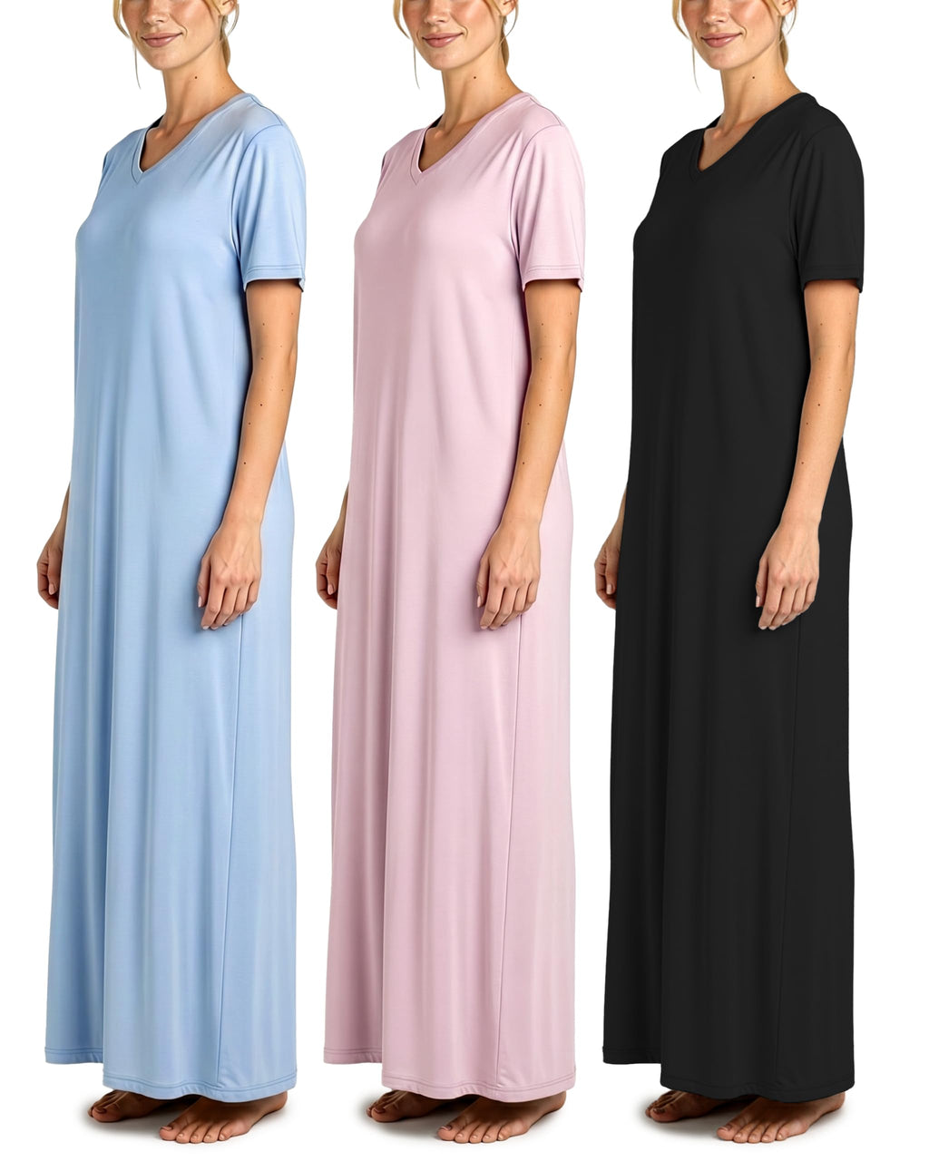 3 Pack Women's Maxi Long Nightgowns Short Sleeve Night Shirt PJ Sleep Dress
