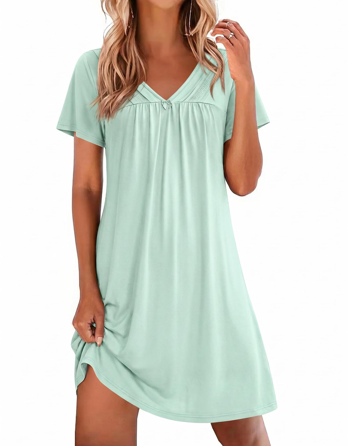 Ekouaer Nightgowns for Women V Neck Sleepshirt Short Sleeve Nightdress Lace Trim Night Gown House Dress with Pockets