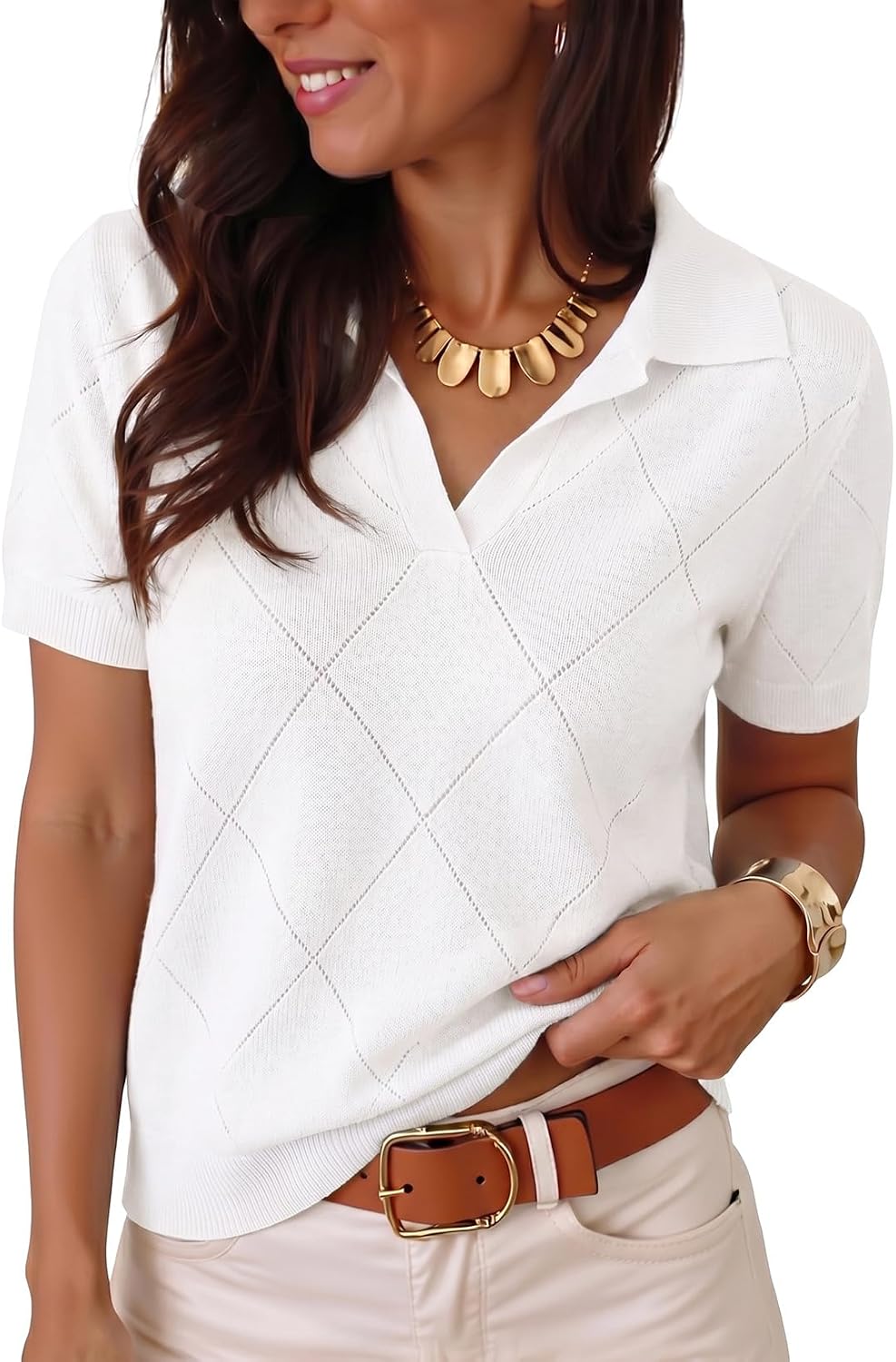 Dokotoo Women Short Sleeve Sweater V Neck Knit Tops Business Casual Collared Work Shirt