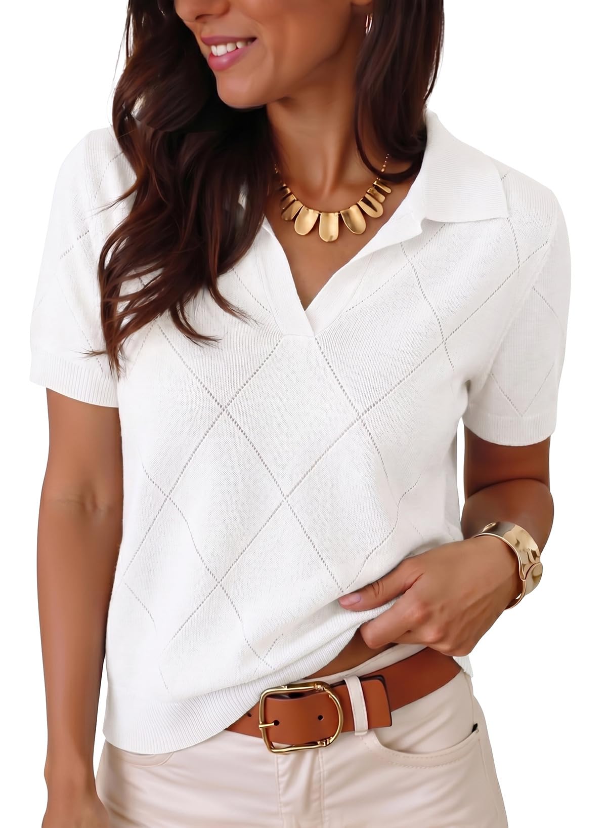 Dokotoo Women Short Sleeve Sweater V Neck Knit Tops Business Casual Collared Work Shirt