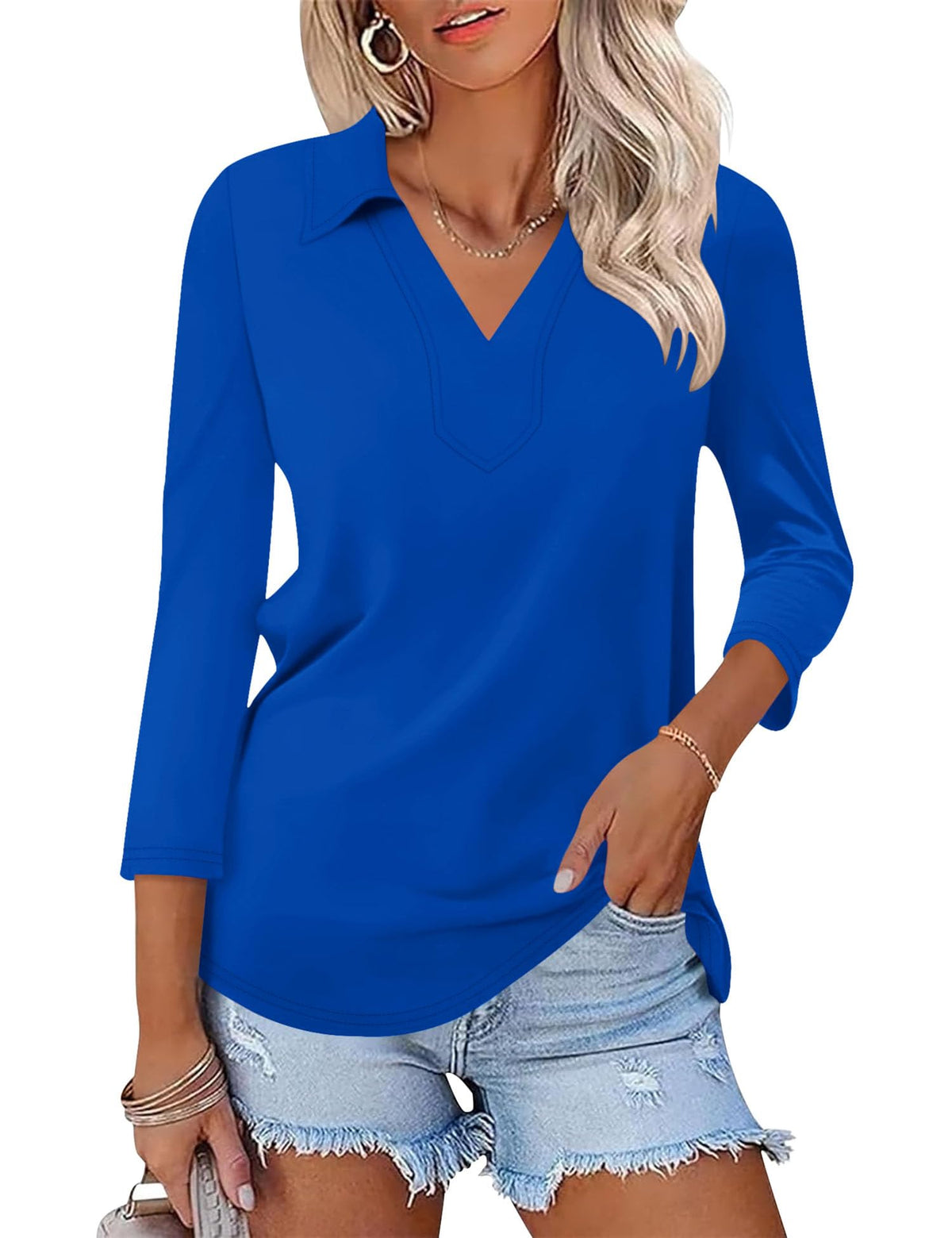 LOMON 3/4 Sleeve Womens Tops Summer Collared Polo Shirts V Neck Polos Tees