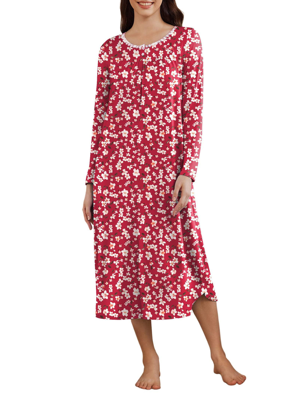 Ekouaer Womens Long Sleeve Nightgowns Long Sleepshirts Henley Sleep Dress