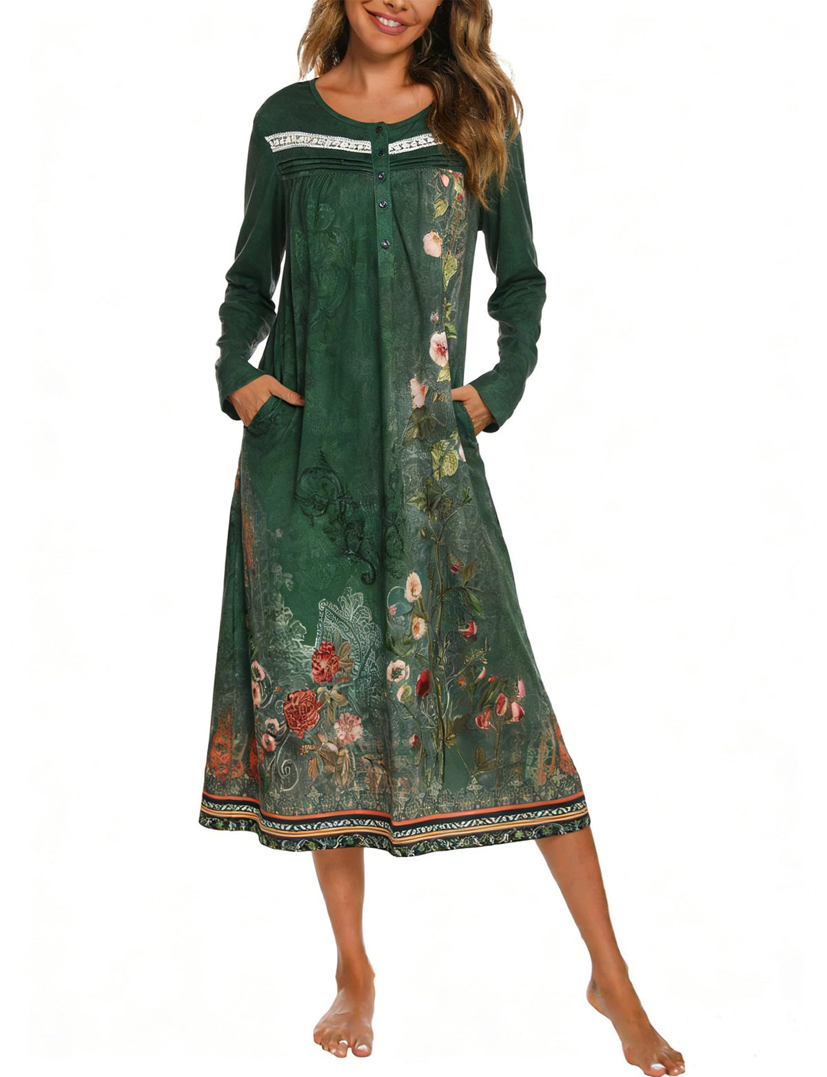 YOZLY Nightgowns for Women Soft Cotton Long Sleeve Night Gwon with Pockets
