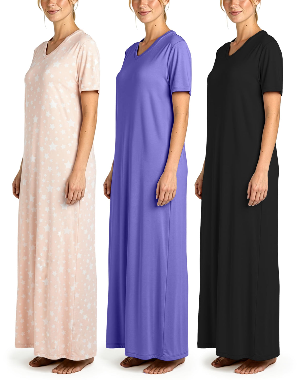 3 Pack Women's Maxi Long Nightgowns Short Sleeve Night Shirt PJ Sleep Dress