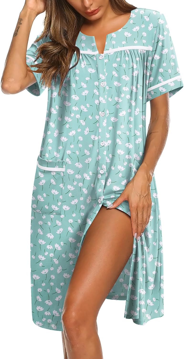 Ekouaer Nightgowns for Women House Dress with Pockets Button Down Sleepshirt Short Sleeve Nightshirt Housecoat